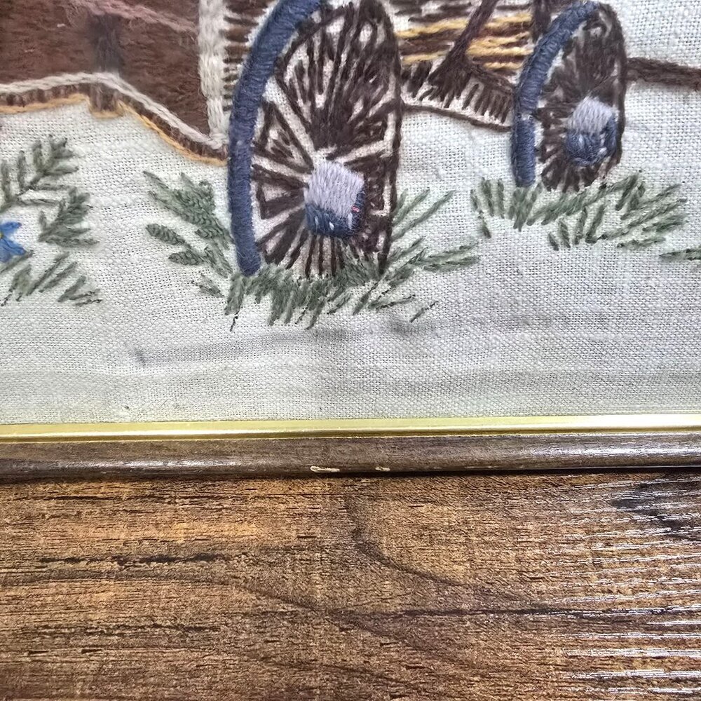 Vintage Framed Crewel #313 Old Wagon Wheel Farmhouse Landscape 17"x13" Rustic - Picture 8 of 14